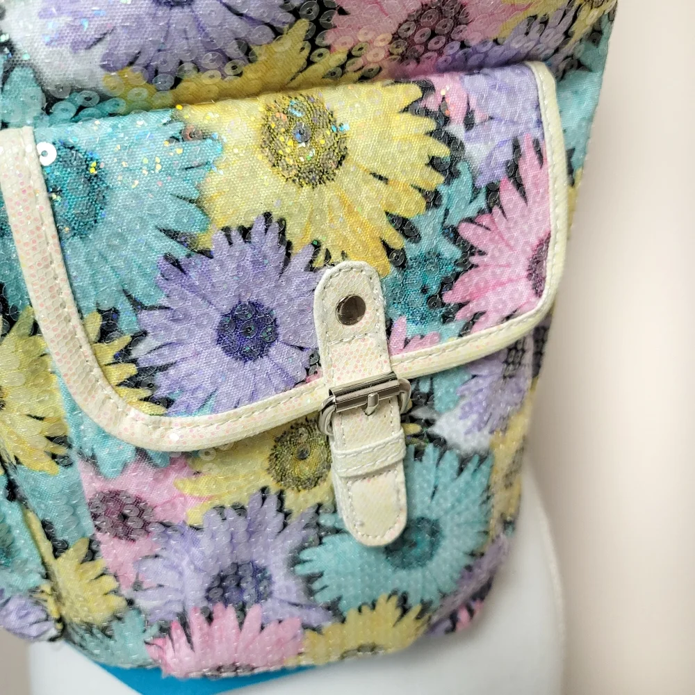 Justice Colorful Daisy Pattern Sequin Backpack -Brand New